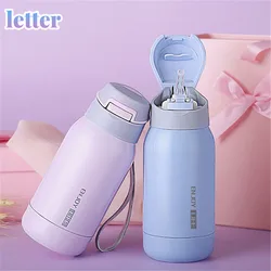 Termo de acero inoxidable para bebé, taza aislante con pajita de dibujos animados, frascos de vacío, 260ml/450ml