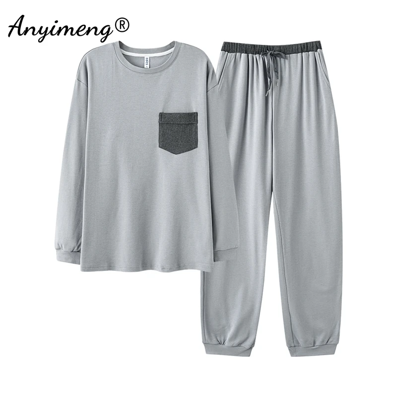 Autumn Winter Pure Cotton Pajamas for Men Fashion O-neck Pijamas Long Sleeved Long Pants Nightwear Male Loungewear
