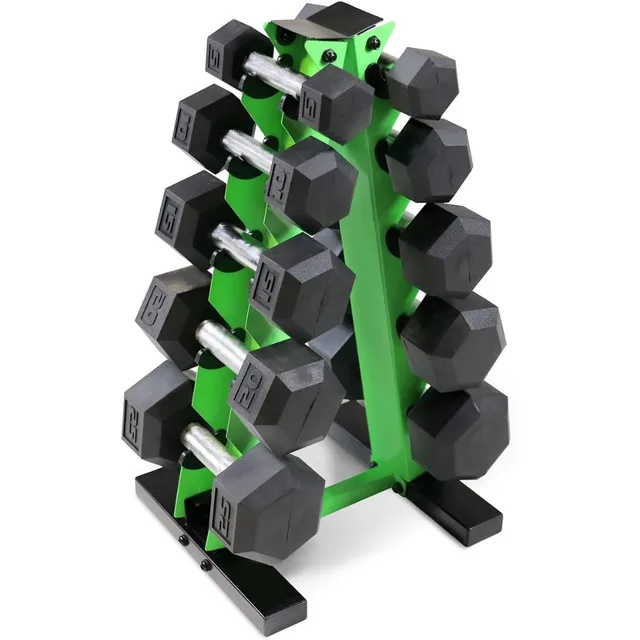 Rubber Hex Dumbbell Set with Rack 1