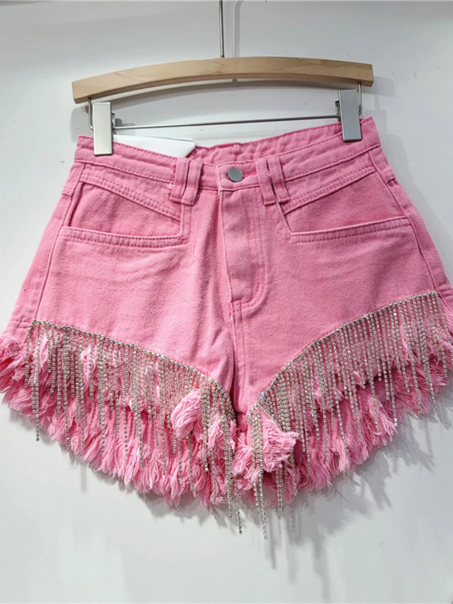 Heavy Industry Hot Rhinestone Tassel Chain Denim Shorts Women 2023 Summer New Slim Slimming Blue Jeans Shorts Female Short Pants