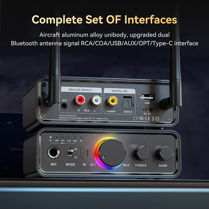Bluetooth Adapter RGB Bluetooth 5.3 Transmitter Receiver DAC/USB/RCA/AUX/Optical/Coaxial/6.5MM Microphone Karaoke Hifi DSP Wireless Audio