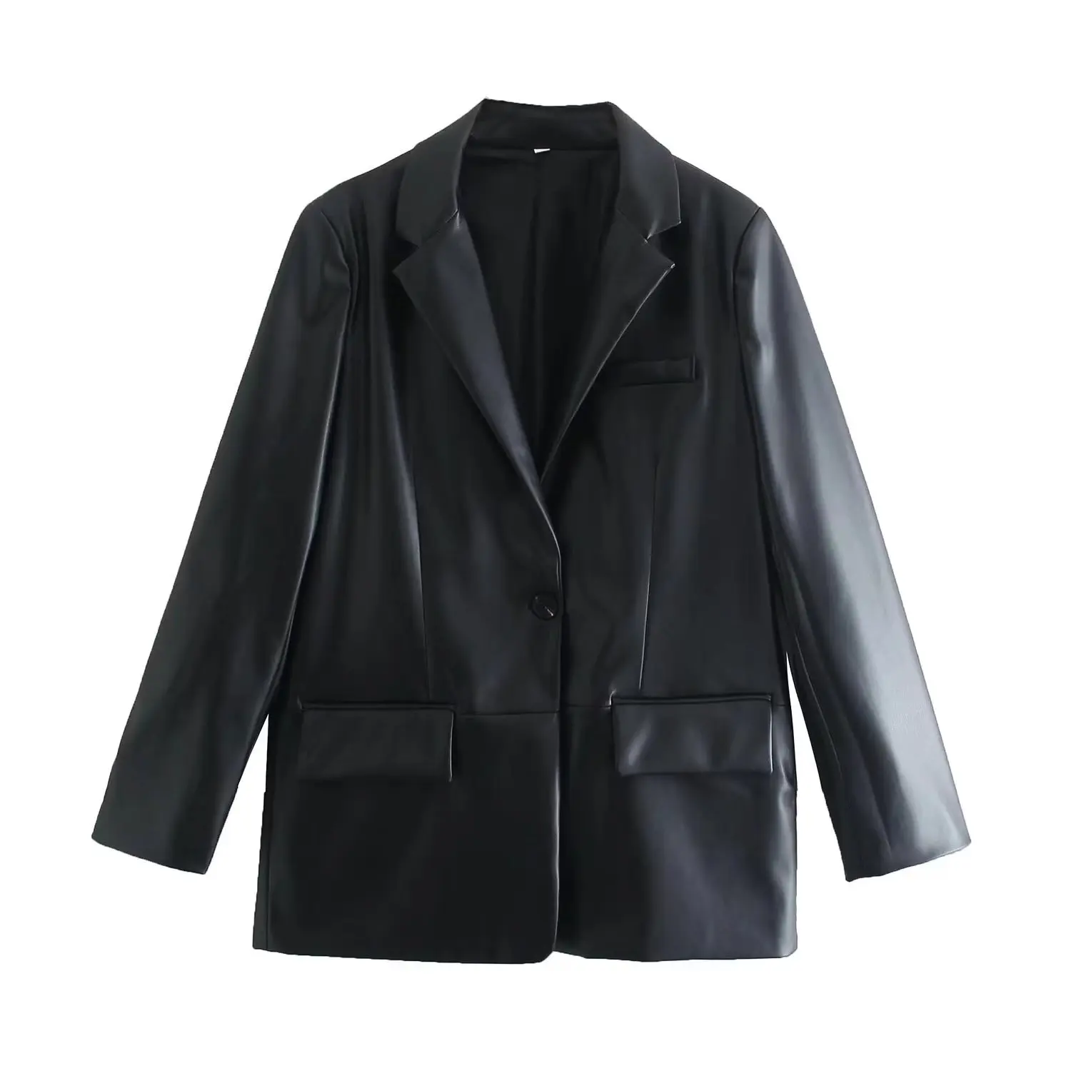 

Women New Fashion Imitation Leather Neutral Style Casual Blazer Coat Vintage Loose Pocket All-match Female Outerwear Chic Tops