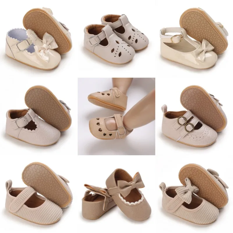 

Khaki 0-18M Baby Casual Shoes Infant Toddler Bowknot Non-slip Rubber Soft-Sole Flat PU First Walker Newborn Bow Decor Mary Janes