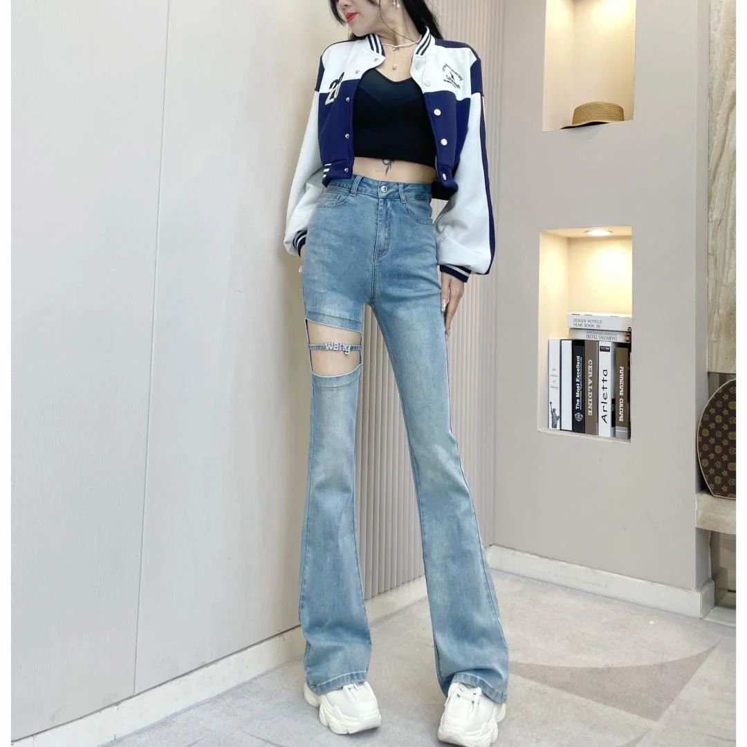 Broken jeans Micro flared pants Spring/Summer 2023 Versatile jeans High waist Slim pants