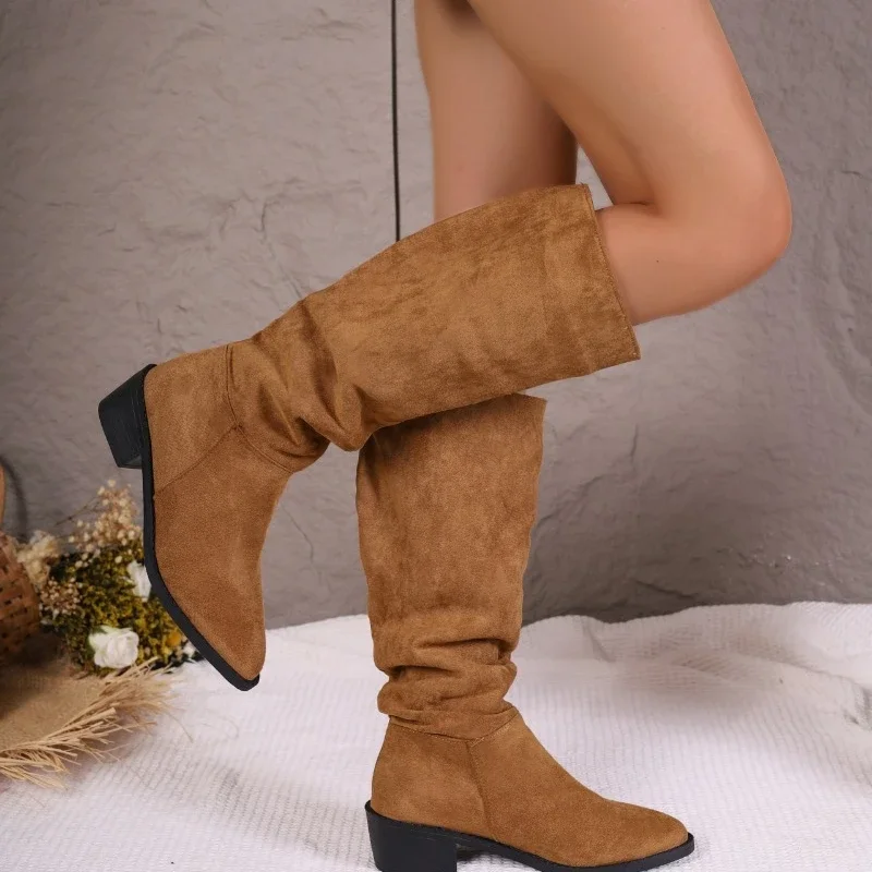 

Женская обувь, Лидер продаж 2023, женские сапоги до колена, модные современные сапоги с прострочкой, Женская привлекательная обувь с острым носком и квадратным каблуком