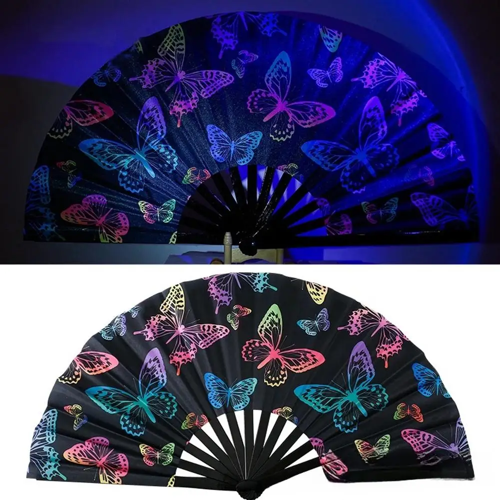 Kung Fu Folding Fan UV Ink Printing Fluorescent Bamboo Bone for Festival Dance Party Wedding