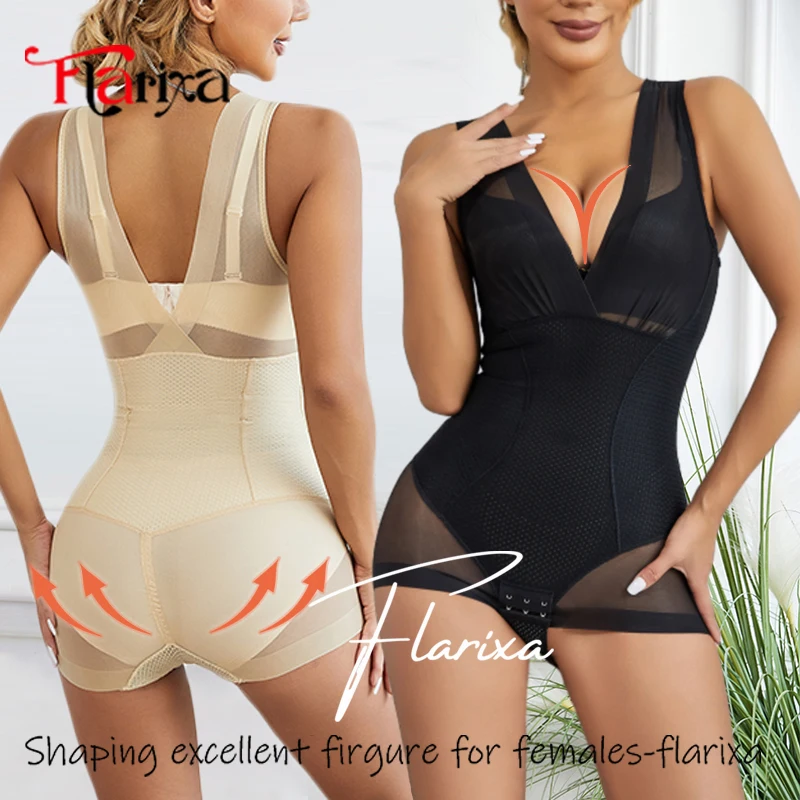 Flarixa Lace Bodysuit Shapewear Women Tummy Control Fajas Full Body Shaper Stomach Slimming Underwear Butt Lifter Lingerie