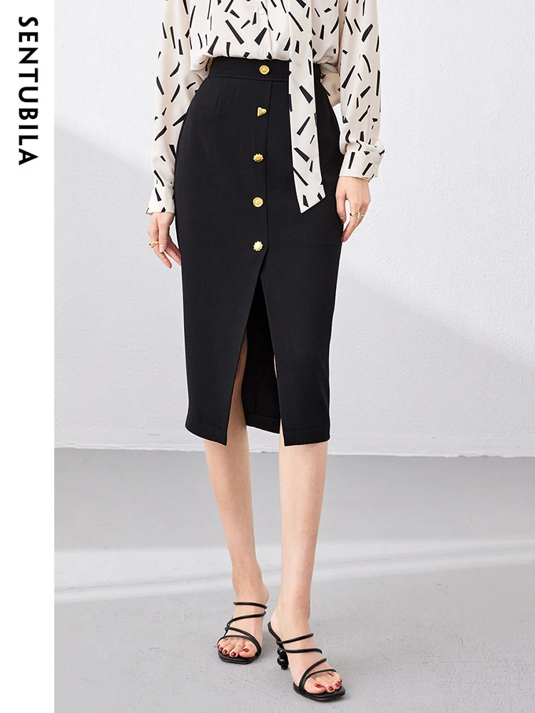 SENTUBILA Women's Black Slit High Waist Skirt 2024 Spring Female Slim Midi Hip Elegant Solid New Buttons Lady Skirts 131Q47241