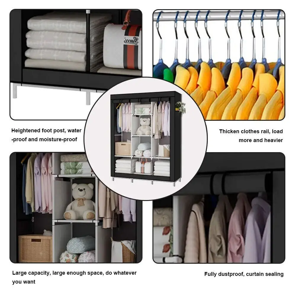 Canvas Wardrobe Dustproof Clothes Storage Dormitory Apartment Free Dust Bags US 3