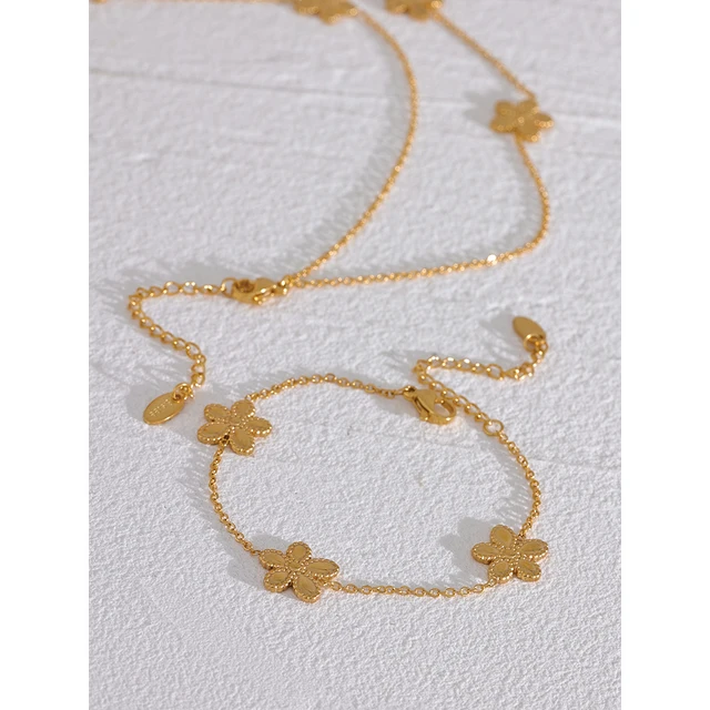Yhpup Trendy Flower Chain Gold Color Necklace Bracelet Bangle Stainless Steel Summer Jewelry for Women Waterproof Party Gift 4