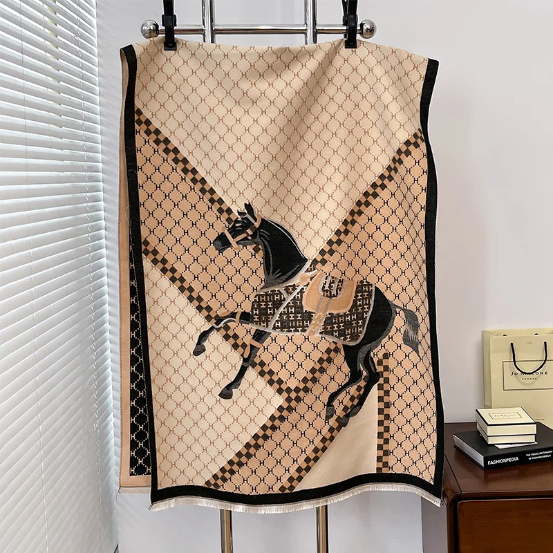 2024 Imitation Cashmere Soft Horse prints Print Scarf Women  Pashmina Wraps Hijab and Wraps Female Echarpe Scarves Luxury Brand