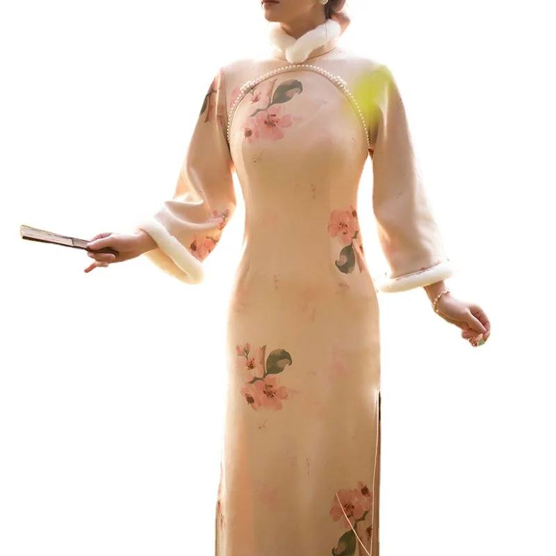 

Girls' Cheongsam Autumn and Winter Suede Vintage High-end Printed Long Sleeved Cheongsam