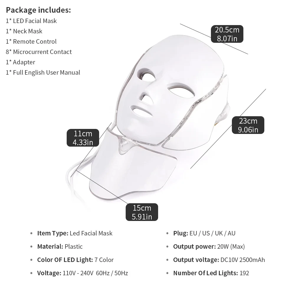 7 Colours LED Light Therapy Mask with Neck Light Therapy Photorejuvenation Facial Lift & Firming Massager Face Skin Care, face mask,led facial mask