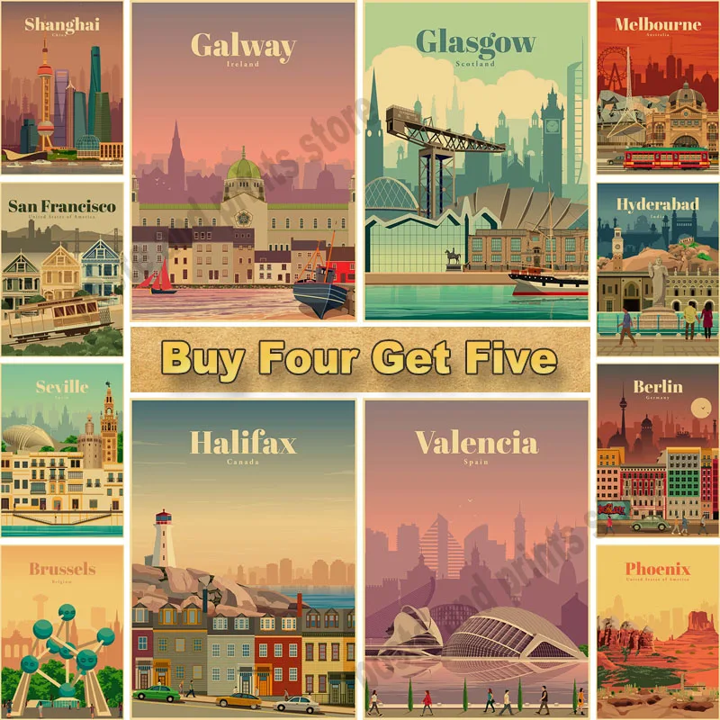 

Travel City Anime Retro Kraft Paper Poster New York Paris Famous Tourist Landscape Wall Art Painting for Home Decoration Sticker