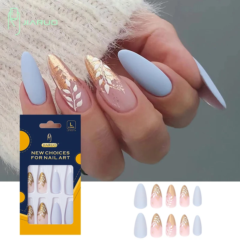JIARUO 24PCS/BOX Long Pointed Tip Nails False Nail Art Y2k French Frosted Blue Nail Platinum Leaf Nails Patch Finished Product