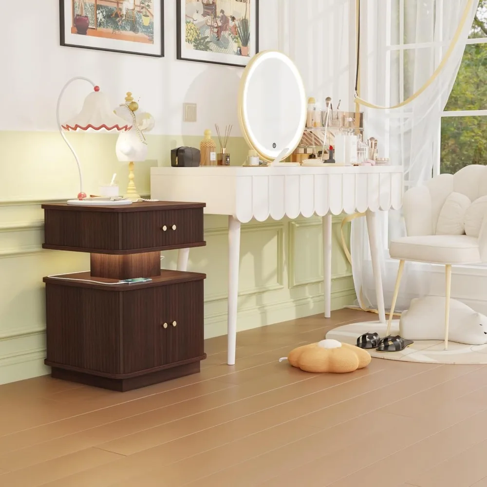 Night Stand, LED Nightstand, Modern Nightstand with Charging Station, Night Stand with 2 Drawers and Sliding Door, Curvy Edge 3