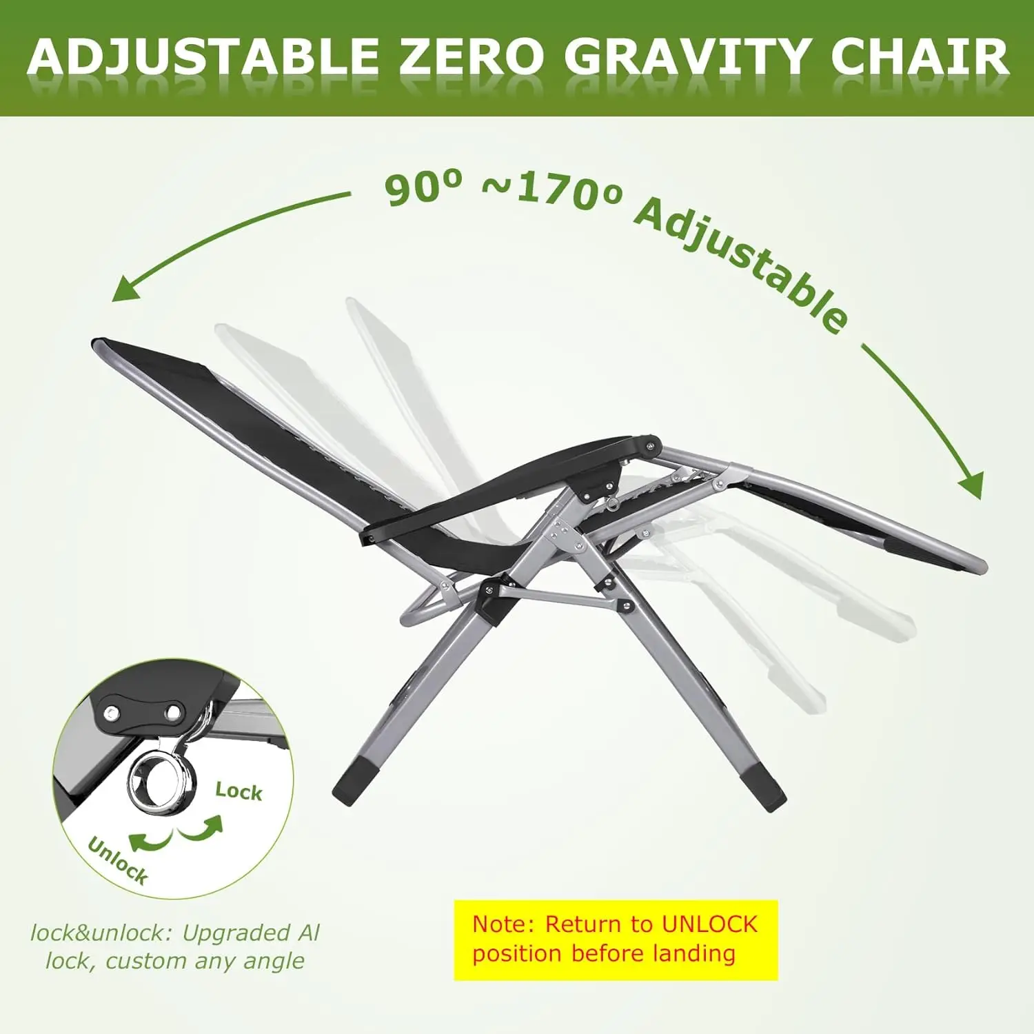 Zero Gravity Chair. Reclining Camping Lounge. Removable Cushion. Lock & Cup Holder. Folding. Indoor & Outdoor.