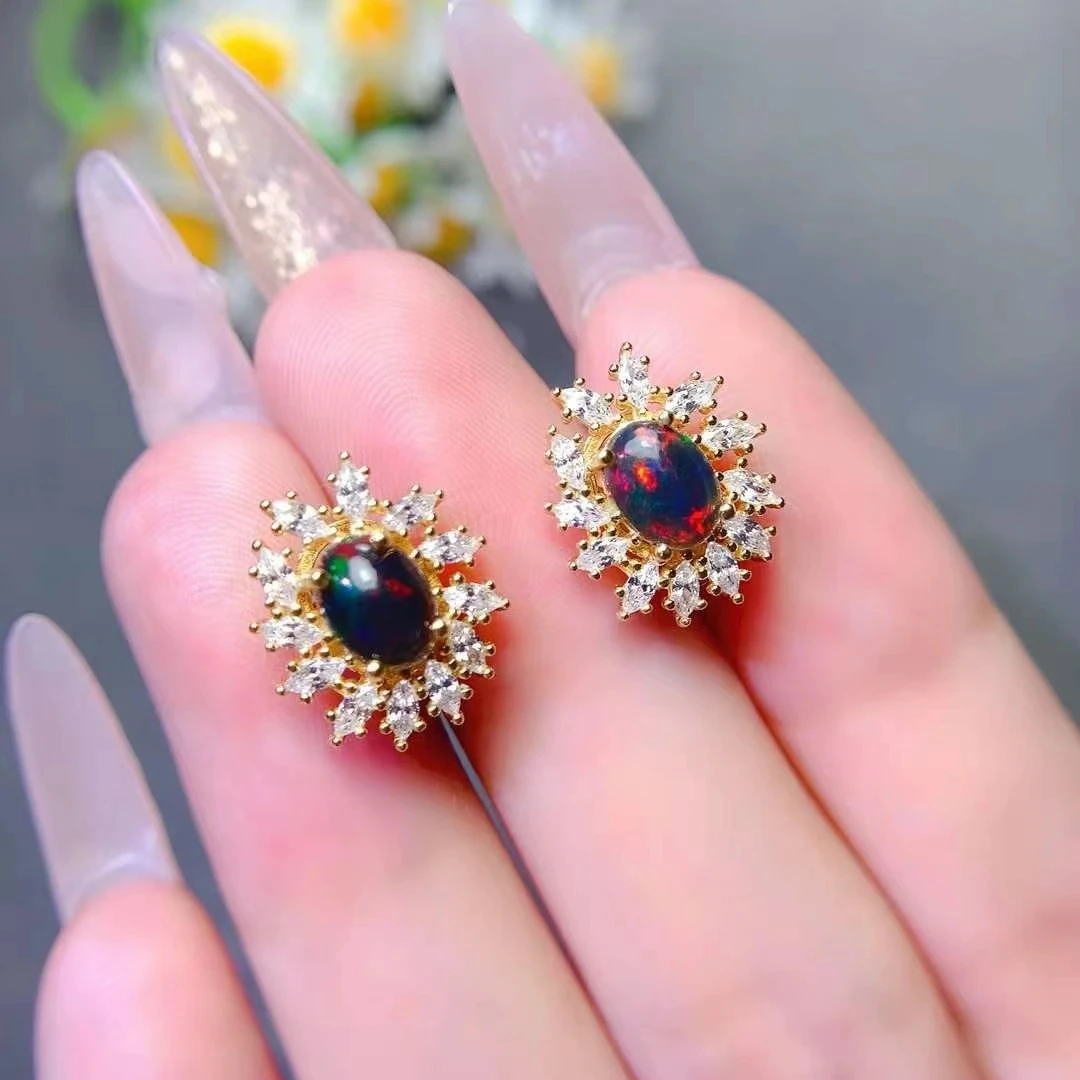 Mysteriöse schwarze Opal ohrringe 6mm * 8mm gefärbter natürlicher Opal schmuck allergie frei 18 Karat vergoldeter 925er Silbers chmuck – Detail 4