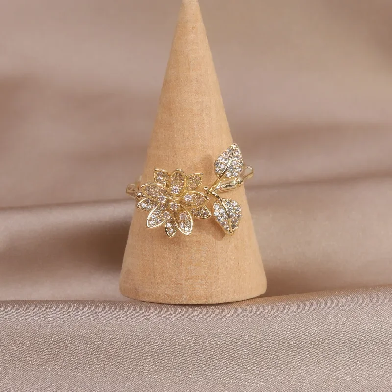 Gold Plated Rings New Design Fashion Real Gold Plated Exquisite Leaf Flower Zircon Women Daily Opening Adjustable