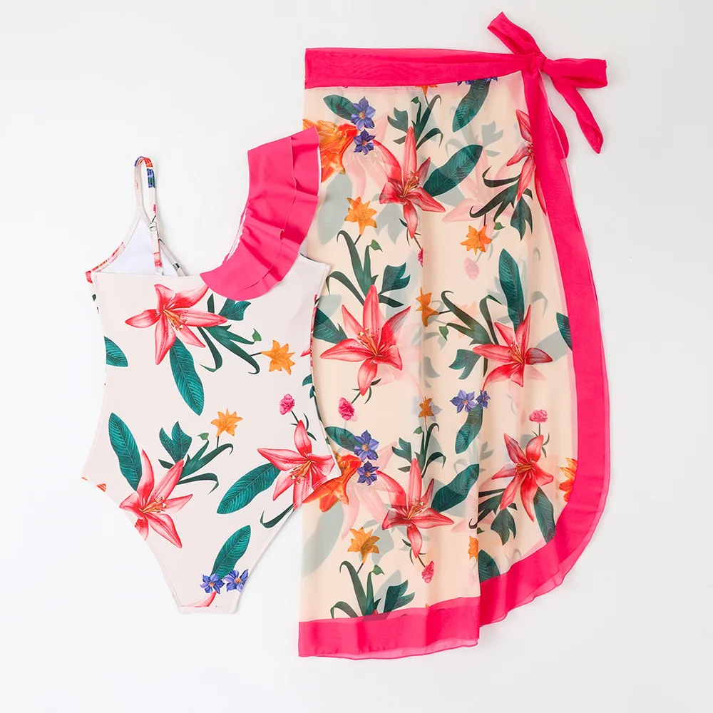 여아용 꽃무늬 스커트 원피스 수영복, 원피스 7-12 세 어린이 수영복, 원숄더 러플 수영복, 2024