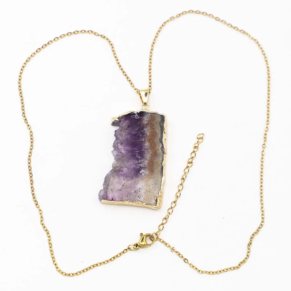 Selling Natural Stone Irregular Necklace Pendant Uruguay Amethyst Phnom Penh Energy Healing Gemstone Chakra Halo Fashion Jewelry