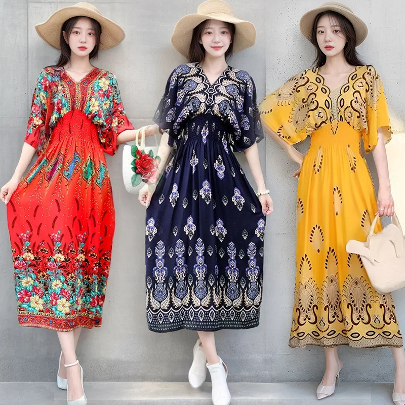 Thai Style Cotton Silk V-Neck Short Sleeve Dress Women Summer Floral Print Countryside Skirt Holiday Outfit Loose Fit Maxi Dress - Image 4