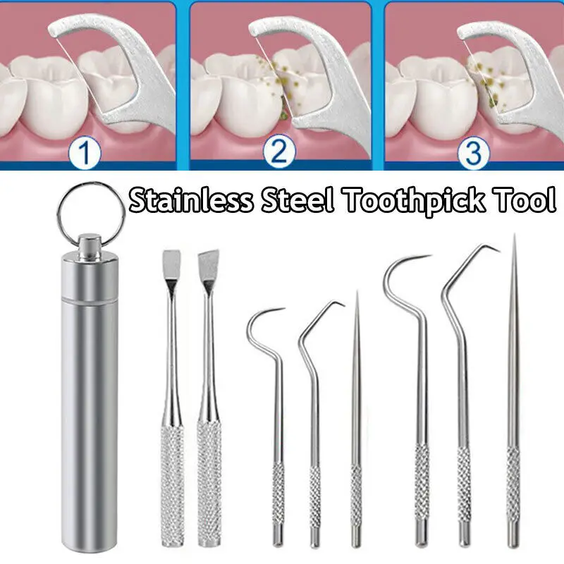 8Pcs Portable Reusable Stainless Steel Toothpicks Metal Tooth Scraper