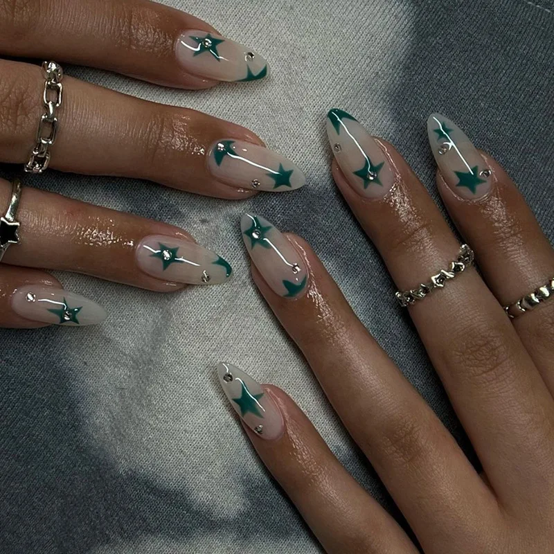 

24Pcs Short Almond Fake Nails with Diamond Simple Green Pentagram Design Round False Nails Press on Nails Wearable Nail Tips