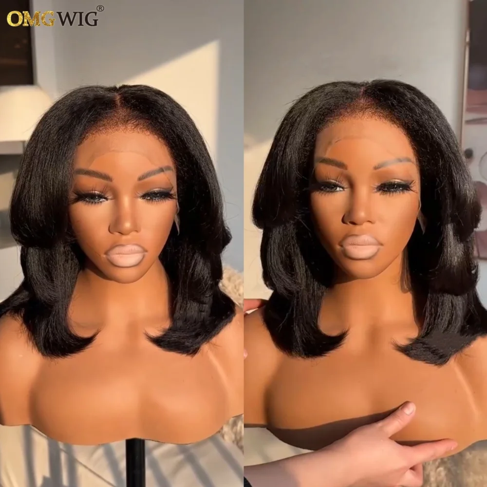 5x7 Wear & Go Kinky Straight Bob Human Hair Wig With 4C Kinky Edges 360 Glueless Lace Layered Cut Wig For Black Women Brazilian