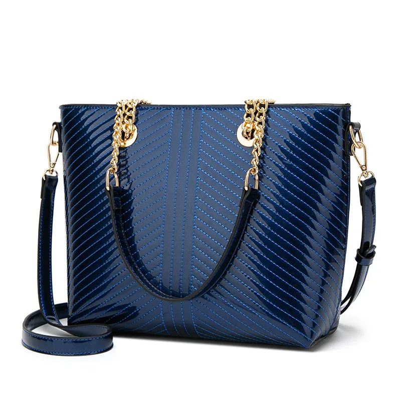 

Retro Pu Handbags Large Capacity Patent Leather Tote Shoulder Bags For Women Striped Bucket Crossbody Pack Bolso Mujer