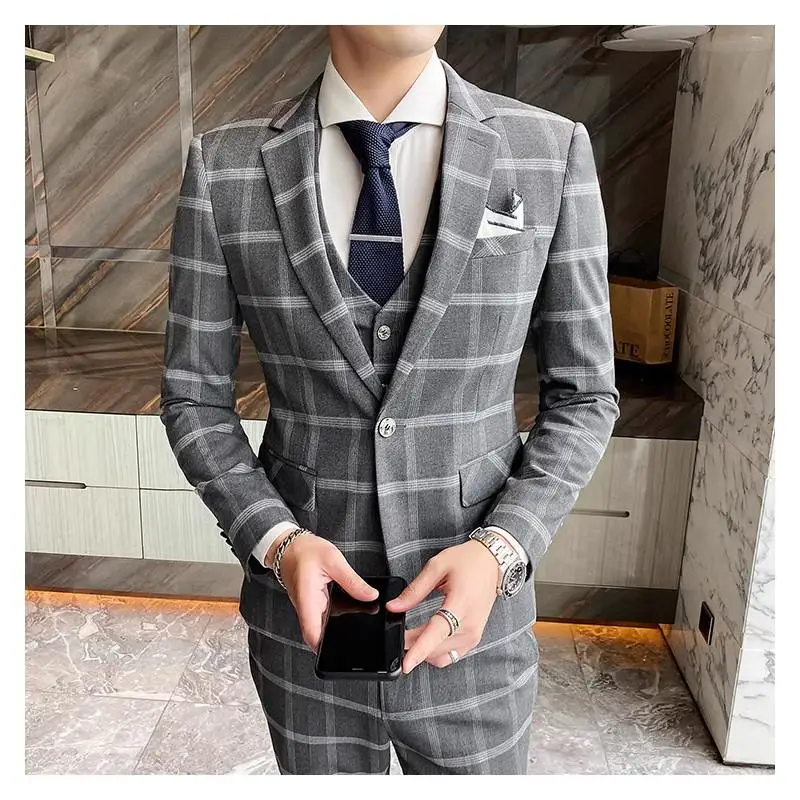 Description Picture 6 of itemTraje De Hombre Elegante (Blazer+vest+pants) Men's Fashion Business Korean Slim-fit Wedding Professional Plaid Elegant Man Suit
