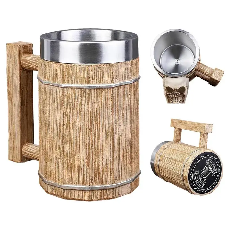 

Wooden Barrel Beer Mug 600ml Eco Friendly Imitation Wood Stainless Steel Cup Handmade Large Viking Cup For Drinks Beer Whiskey