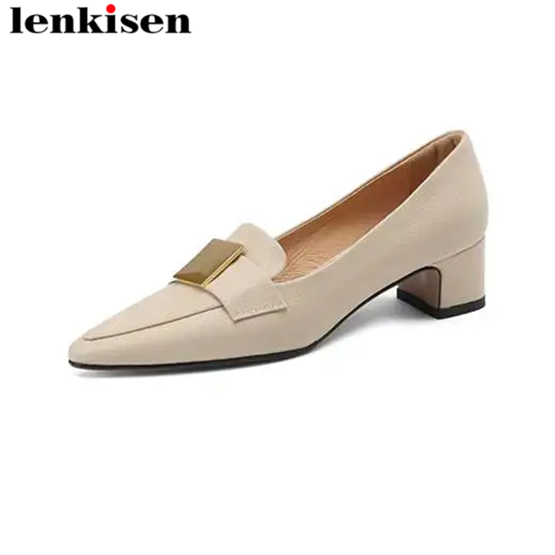 

Lenkisen 2024 Sheepskin Chunky Med Heels Spring Shoes Slip On Pointed Toe Metal Fasteners Vintage Luxury Office Lady Women Pumps