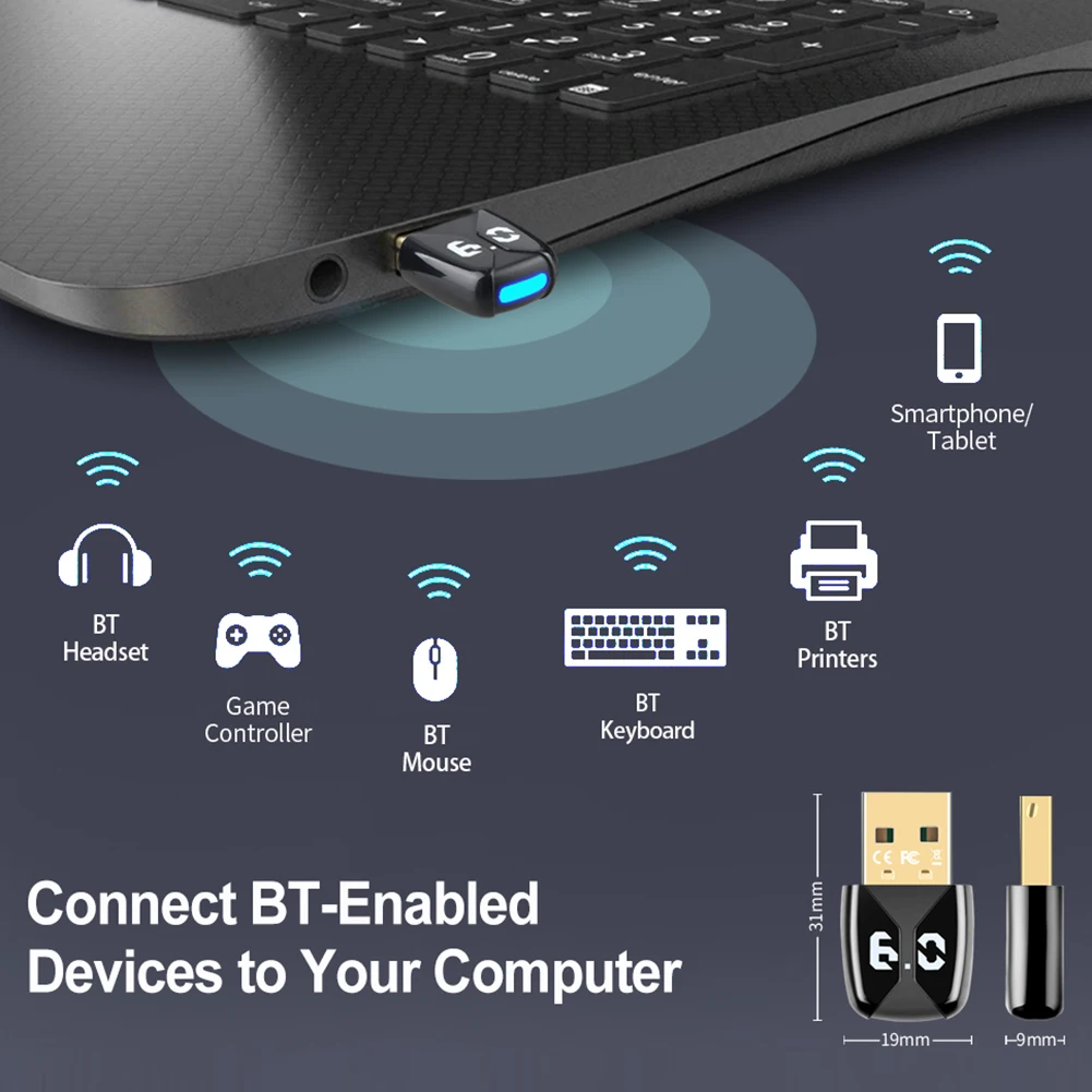 BT 6.0 어댑터 무선 BT 송수신기 무선 동글 (PC 마우스, 키보드, 헤드폰, 스피커용)