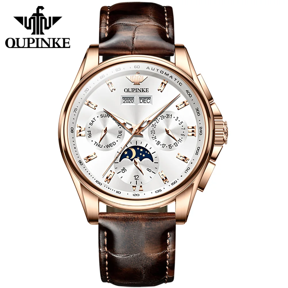 

OUPINKE 3189 Top Brand Luxury Watch For Men Chronograph Automatic Mechanical Wristwatch Leather Band Waterproof Moon Phase Clock