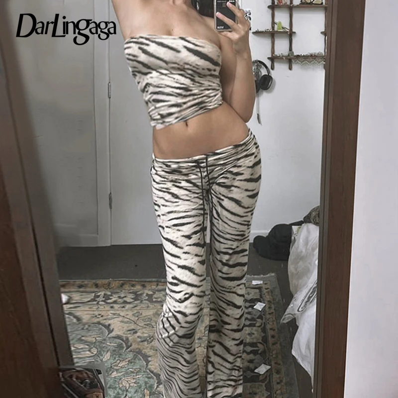 

Darlingaga Harajuku Skinny Zebra Stripe Pattern Flare Pants Women Streetwear Casual Low Waist Trousers Sweatpants Bottoms Retro