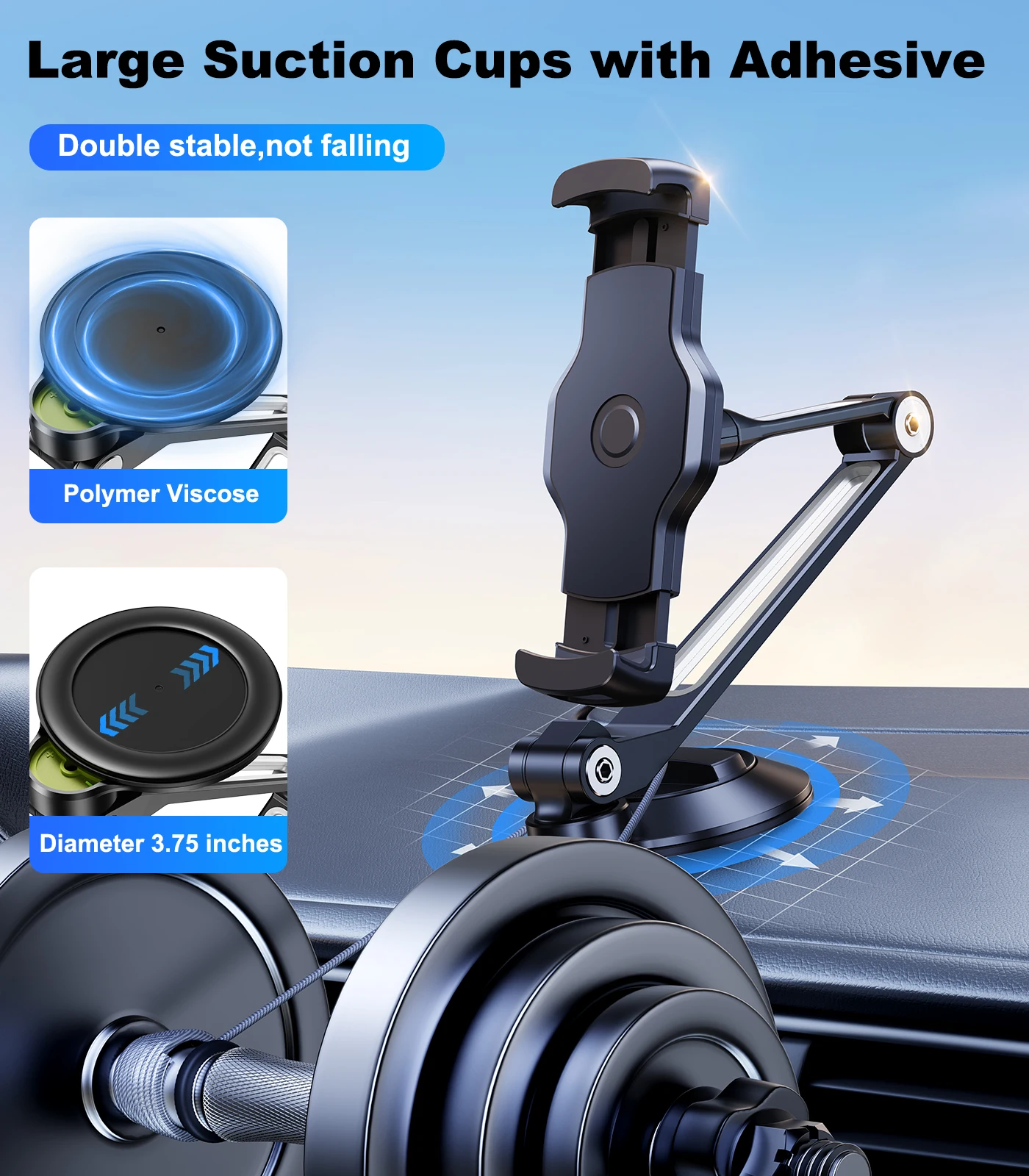Eary Long Extension Arm Car Tablet Holder Phone Stand Strongest Suction Cup With 360°Rotate Universal for iPad 4.7-12.9" Inches