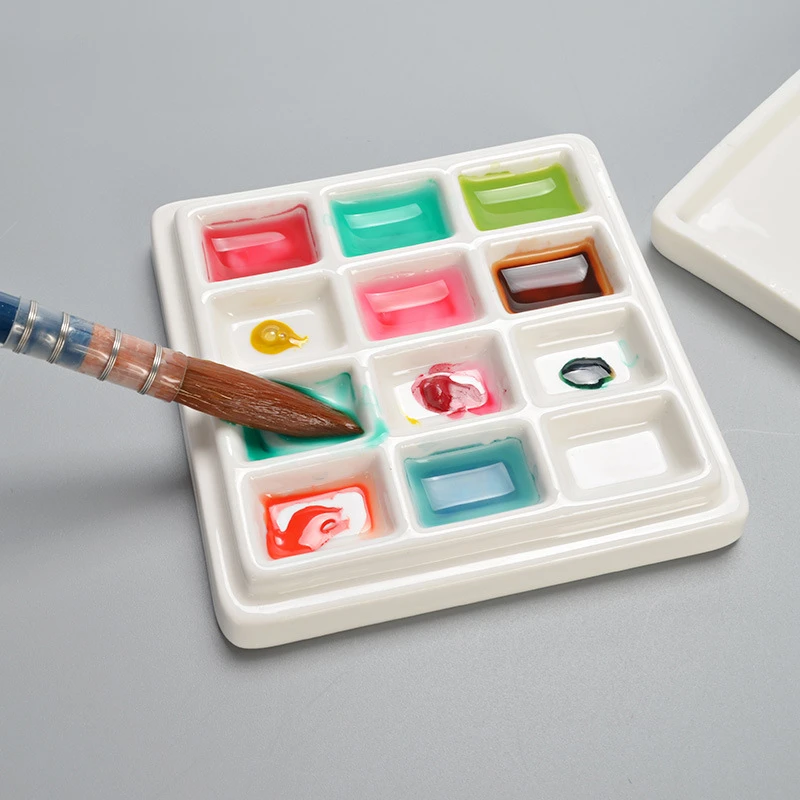 Ceramic Color Palette with Cover 12 Grids Painting Multifunctional Paint Palette Color Mixing Watercolor Moisturize