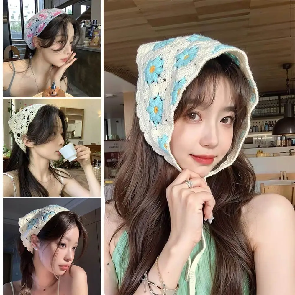 

French Pastoral Style Triangle Headband Fashion Knitted Little Flower Headband Towel Handmade Crochet Headscarf Hat Girls