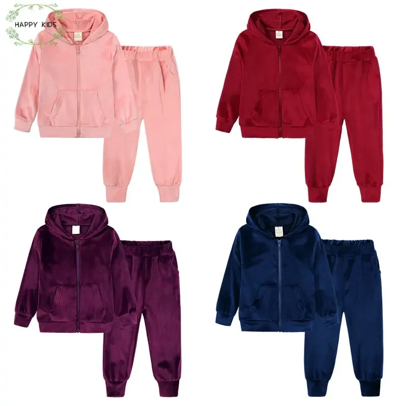 Children Boys Girls Velvet Sweatsuit Toddler Zipper Up Hoodie Jackets + Pants Set Fashion Winter Kids 2Pieces Tracksuits Outfits