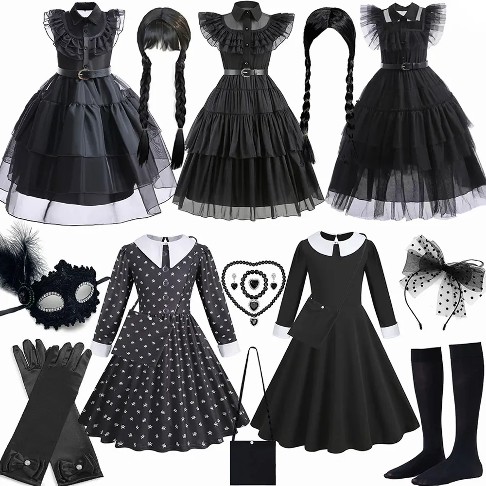 

Movie Wednesday Costume for Girls 3-12 Years Gothic Winds Wednesday Cosplay Costume for Kids Halloween Carnival Party Dress
