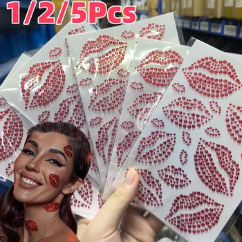 1/2/5Pcs 3D Red Lips Rhinestones Face Tattoo Stickers Sexy Kiss Diamond Adhesive Sticker Wedding Dating Women Temporary Tattoos 1