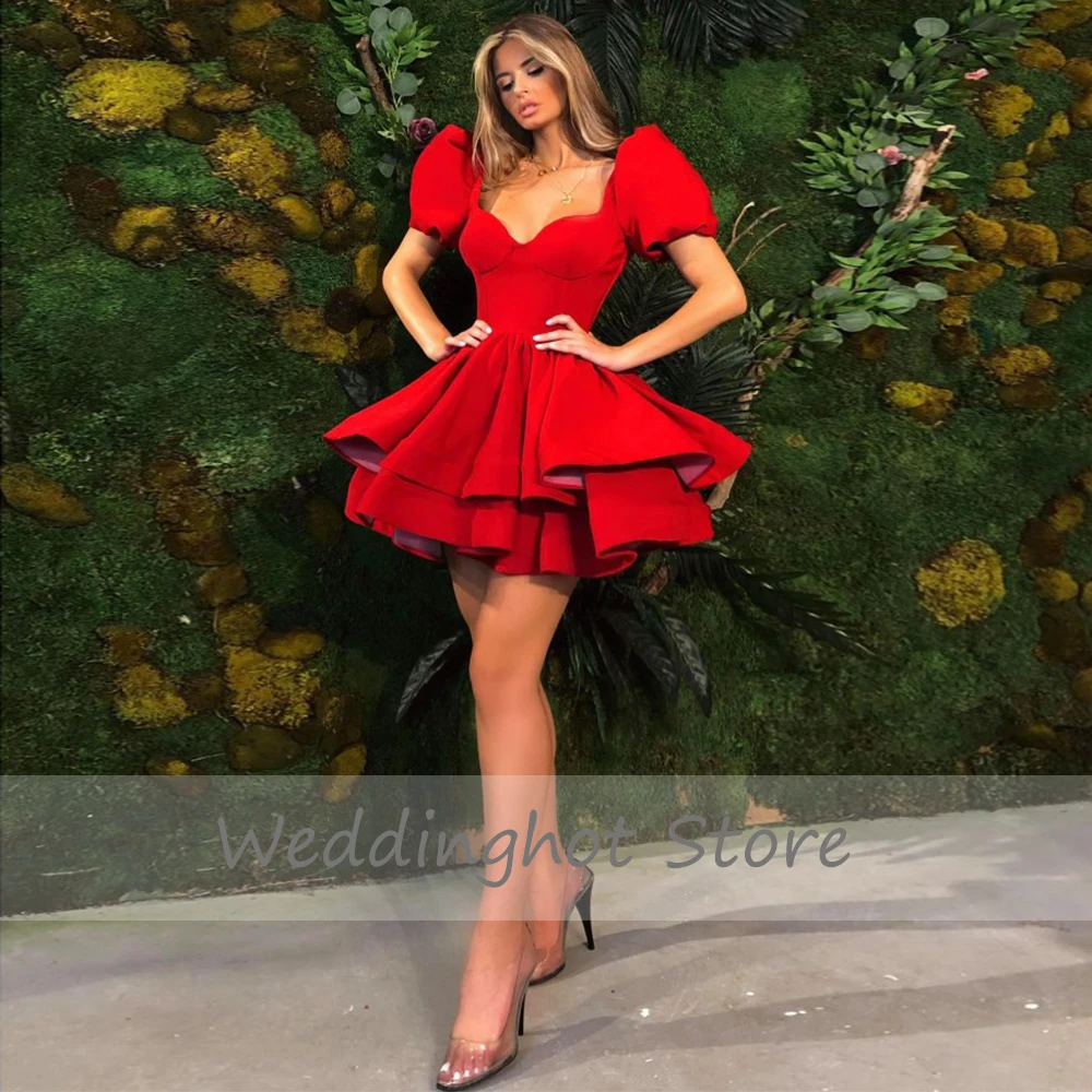 Mini Cocktail Dress A Line Puff Sleeves Sweetheart Cocktail Gown for Ladies Short Sleeves Party Dresses for Birthday Red