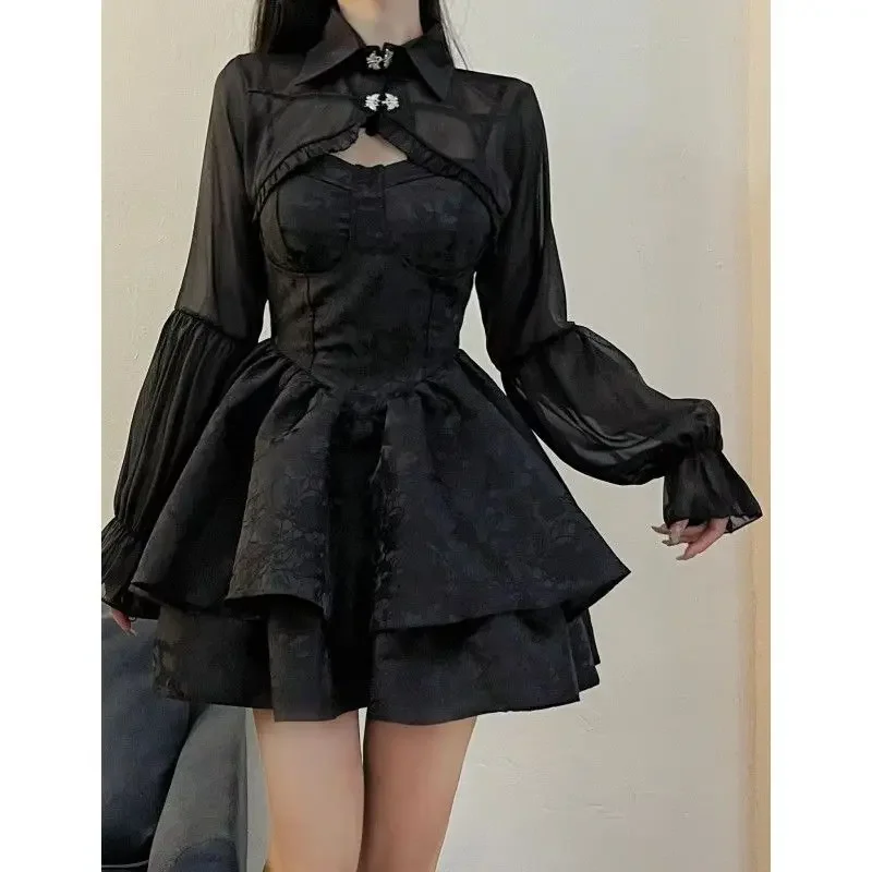 Gothic Black Stand Collar Long Sleeve Lolita Dress Suit Women Autumn Harajuku Halloween Cosplay Fairy Victorian Dresses