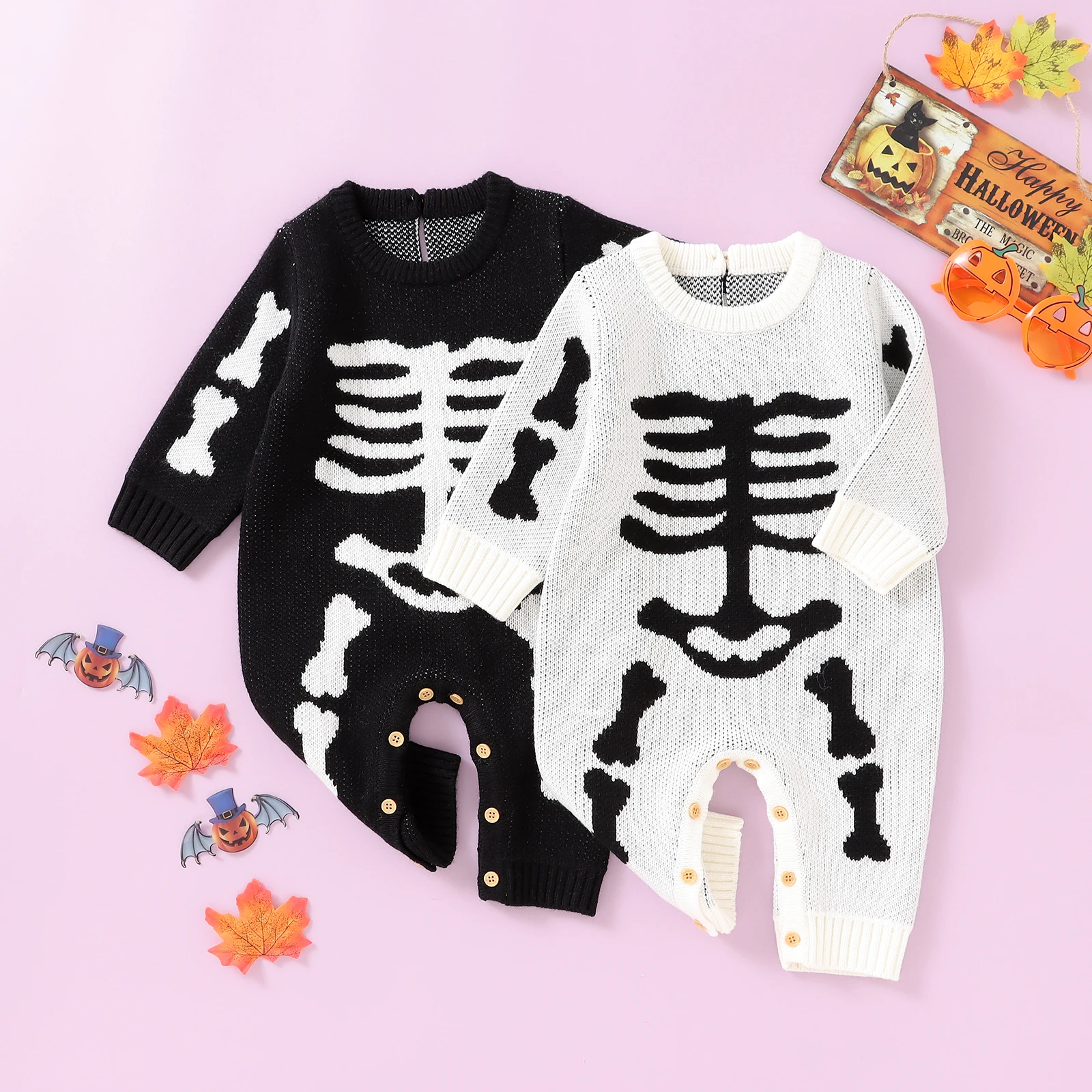 

Mildsown Infant Baby Boys Halloween Casual Jumpsuit Infant Long Sleeve Crew Neck Skeleton Print Romper Outfits
