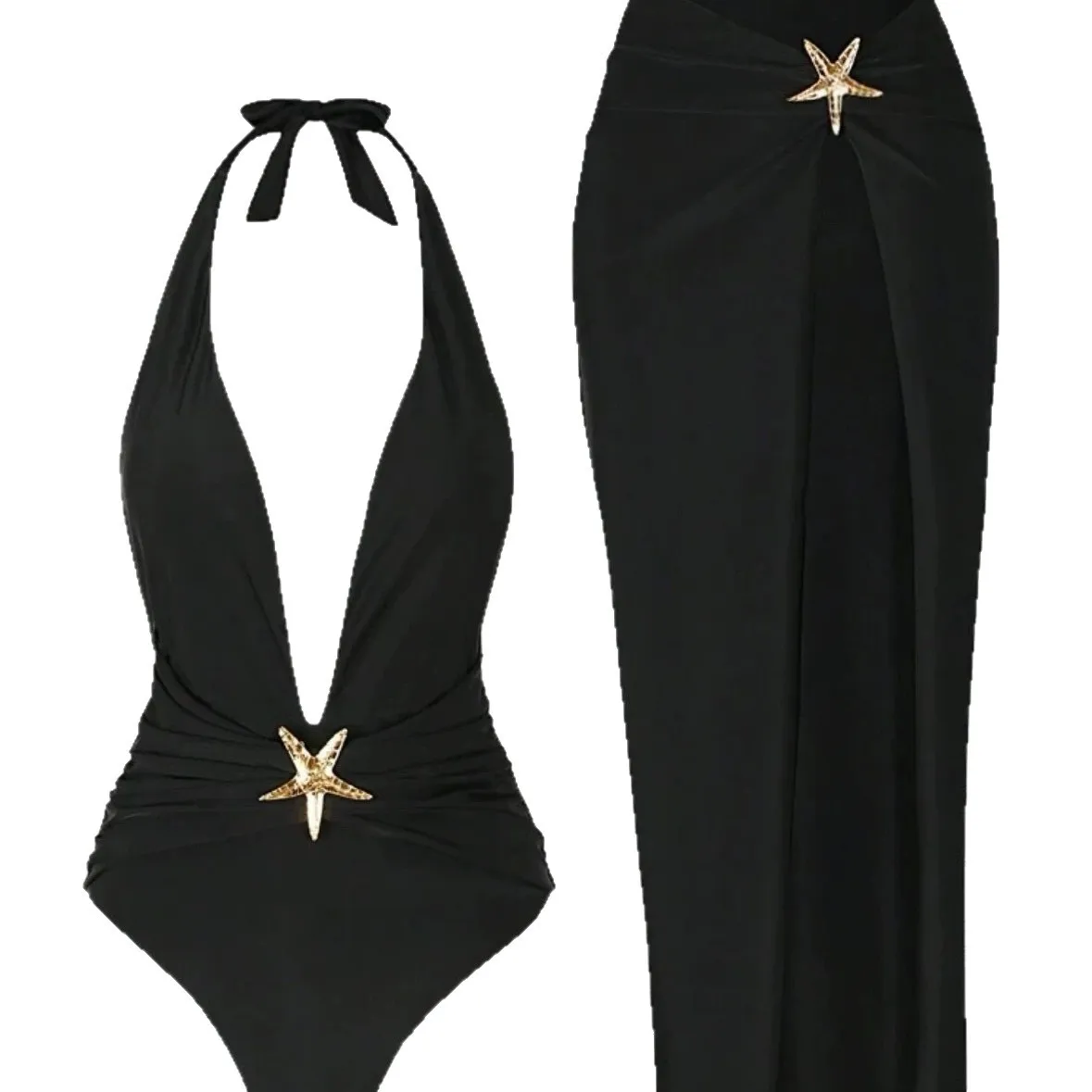Sexy Two-Piece Pure Color Backless Swimsuit Set 2025 New Women's Fashionable Swimwear Sensual Design Polyester Fabric