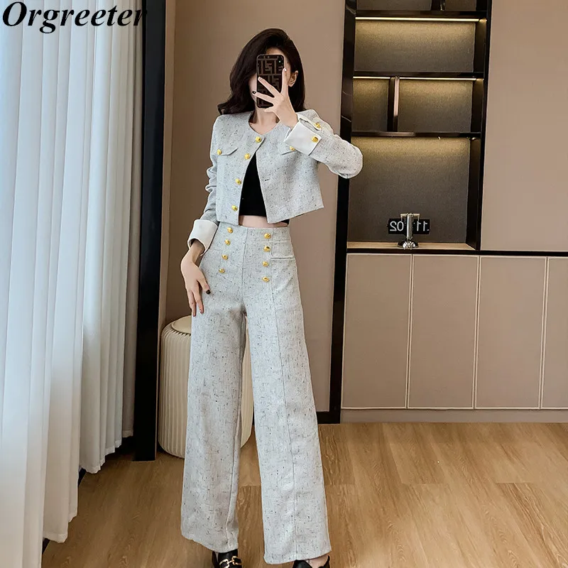 

Temperament Light Grey Trousers Suits Female Casual Short Jacket Women Double-breasted Pants Two Piece Set Outfits