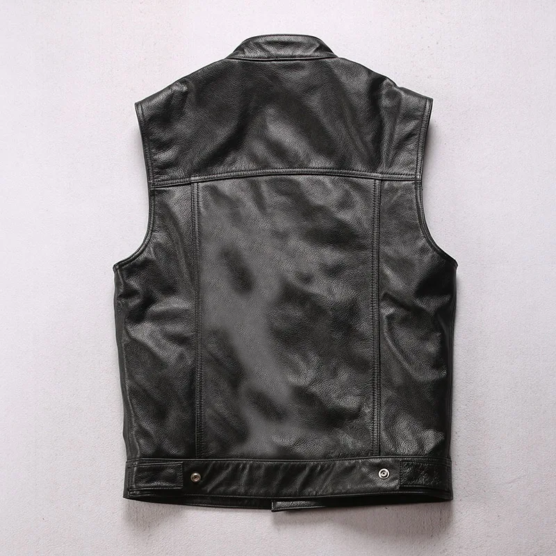 Outdoor-Sportweste mit Totenkopf-Stickerei für Herren, Echtleder Ärmellose Jacke, Rindsleder Club Riding Biker Weste – Detail 14