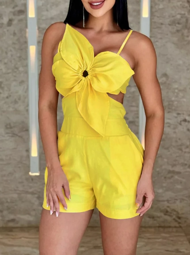 Women's Romper 2024 Spring/summer Latest Floral Pattern Shirred Spaghetti Strap Sleeveless Hollow Out Pocket Bodysuit Jumpsuit