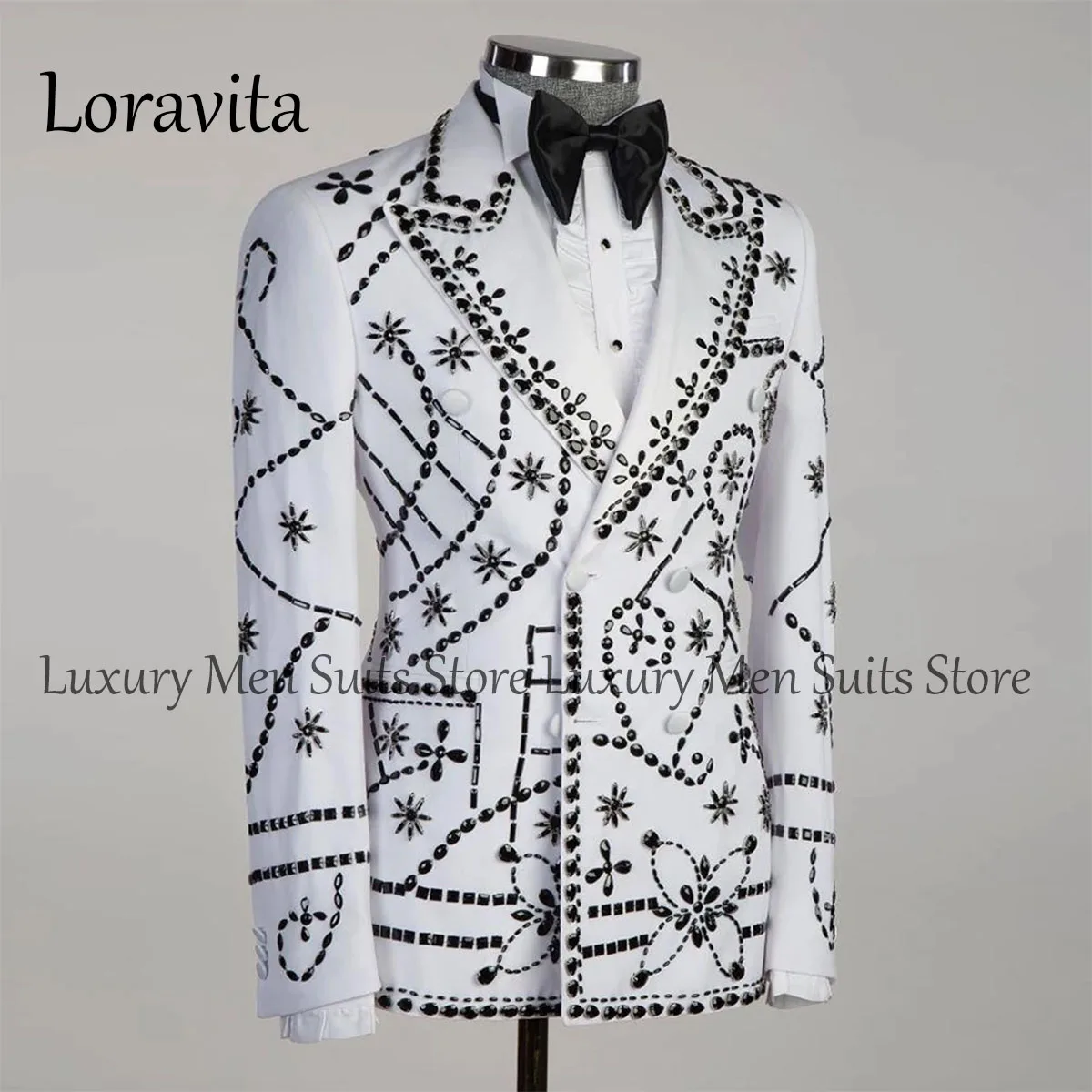 Customized Crystal Embroidered Jewelry Tuxedos Men Suits Peaked Lapel Groom Wedding Male Suit Blazers Pants Outfit Dresswear 2